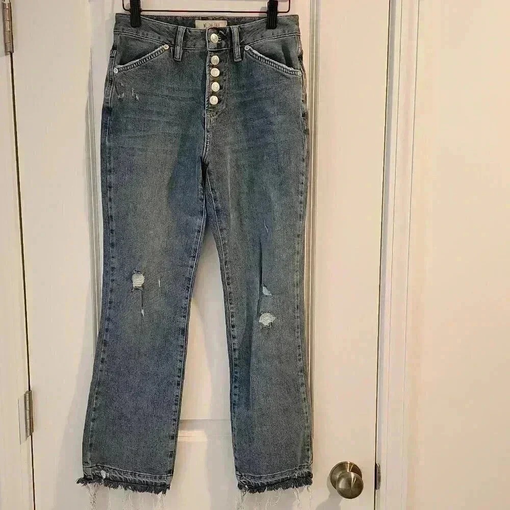 We The Free Free People Distressed Denim Jeans Button Fly Cropped Flare Sz 26